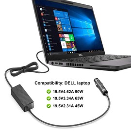 HKY Laptop Car Charger for Dell 7.4 mm Barrel 90W 65W 45W DC Power Adapter Cord 12V-24V Vehicle Auto Airplane Boat Charger for Dell Inspiron/Latitude/Precision/Studio/Vostro/XPS 14 Series Laptops