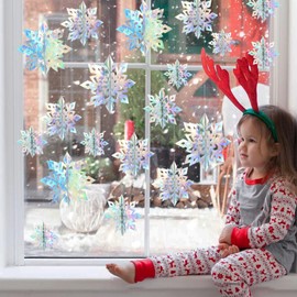 OuMuaMua Winter Christmas Snowflake Decorations, 24PCS 3D Laser Iridescent Snowflakes Hanging Decorations for Christmas Winter Wonderland Holiday Home Decorations Indoor