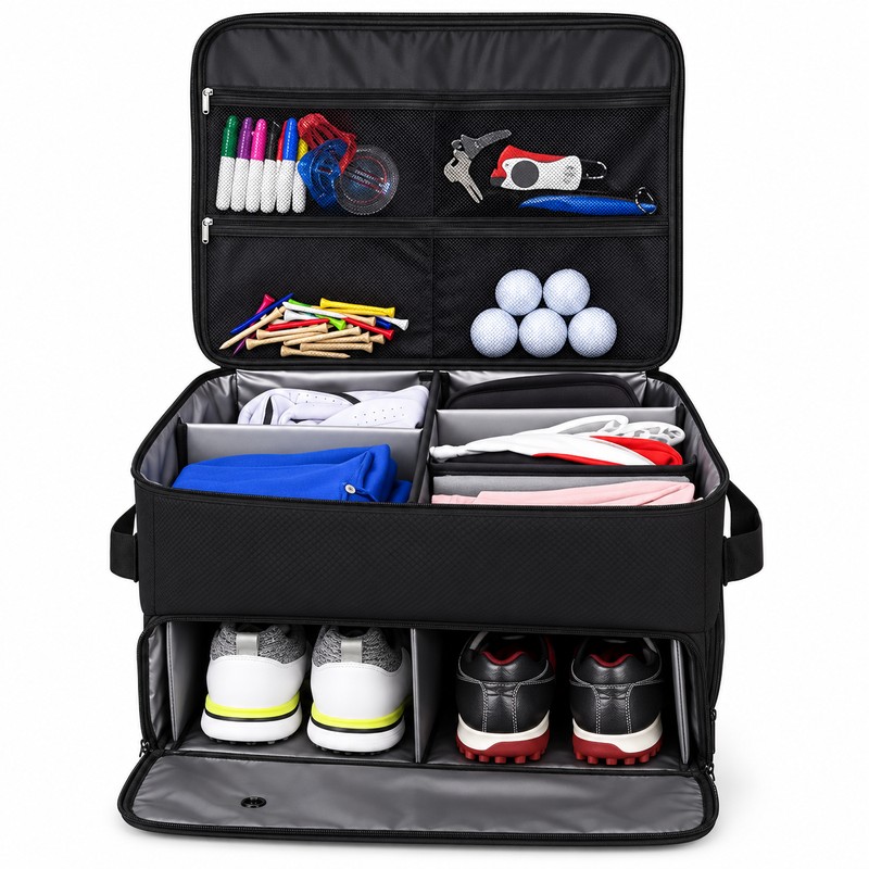 Golf Trunk Organizer With Shoe Storage, Multi-Compartment Car Storage Box