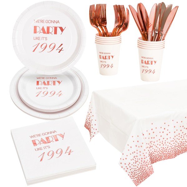Crisky Rose Gold Tableware Set for Women 30th Birthday Party Decorations Supplies, Party 1994 Set of 24 (9" & 7" Plates, Luncheon Napkin, 9oz Cups, 106"×54" Tablecloth, Knife & Fork)