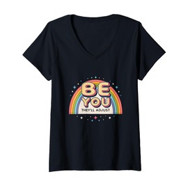 Womens 80s Retro Rainbow Be You They'll Adjust Pride Art V-Neck T-Shirt