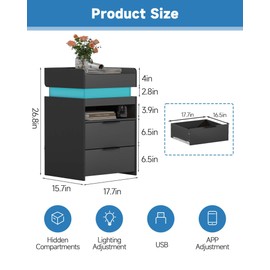Nightstand with Gun Drawer, Charging Night Stand with USB and AC Ports, LED Nightstand, NightStands with Gun Drawer, Smart Night Stand with Sliding Top Storage