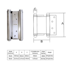 2 Pairs (4Pcs) of 6" Heavy Duty Stainless Steel Cafe Saloon Door Swing Self Closing Double Action Spring Hinges (Silver)