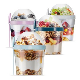 QUASLEQ 4-Pack Parfait Cups with Lids Reusable - Airtight & Portable Yogurt Containers - Perfect for Breakfast & Snacks - Ideal for Overnight Oats, Cereal, Granola & Fruit (Small 17 oz - 500 ml)