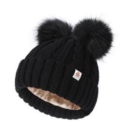 Creekstone Bobble Hat Satin Lined Winter Beanie Hats for Women Girls Warm Knit Hats with Faux Fur Double Pom Pom Ears (UK, Alpha, One Size, Black)