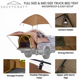 Savvycraft Pickup Truck Bed Tent for Full Size Truck 6.4'-6.7' Bed, Waterproof P3000mm 2-Person Double Layer Truck Bed Tent Camping Tent, Expandable Awning, Rainfly, Storage Bag Included Brown