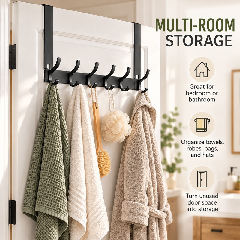 Over The Door Hooks Organizer Rack – No-Drill Aluminum Door