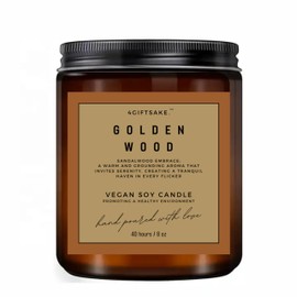 4GiftSake - 8oz Handmade Candle - Unique Scent of Sandalwood- Eco-Friendly Vegan Soy - Premium Quality - Elevate Space with Enchanting Aroma (Golden Wood)