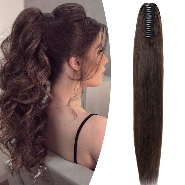 SEGO Ponytail Hair Piece Real Hair Braid Extension with Clip in Ponytail Hair Extensions 100% Remy Hair Piece Straight 18 inches (45 cm) – 115 g Dark Brown #2-1