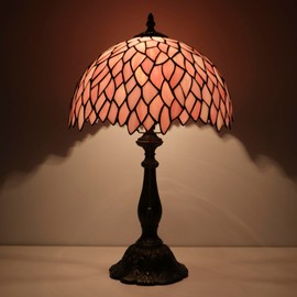 Tiffany Lamps Pink Leaves Style Stained Glass Table Lamp Desk Bedside Reading Light 12X12X18.5 Inches with Bronze Resin Base Applicable to Bedroom Living Room Office