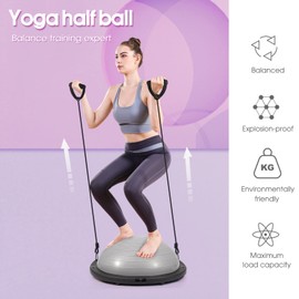 Half Balance Ball Trainer, 26 inch Stability Ball with Resistance Bands, Exercise Ball with Foot Pump, Gray