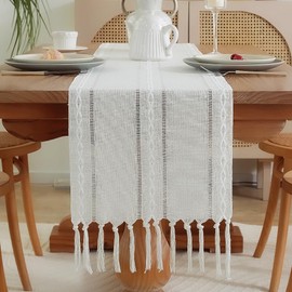 meioro Rustic Table Runner with Tassels, 33 x 143 cm, Country House Style, Boho Table Runner, Braided Striped, Linen, Polyester Table Decoration for Dining, Party, Holiday and Wedding (White)