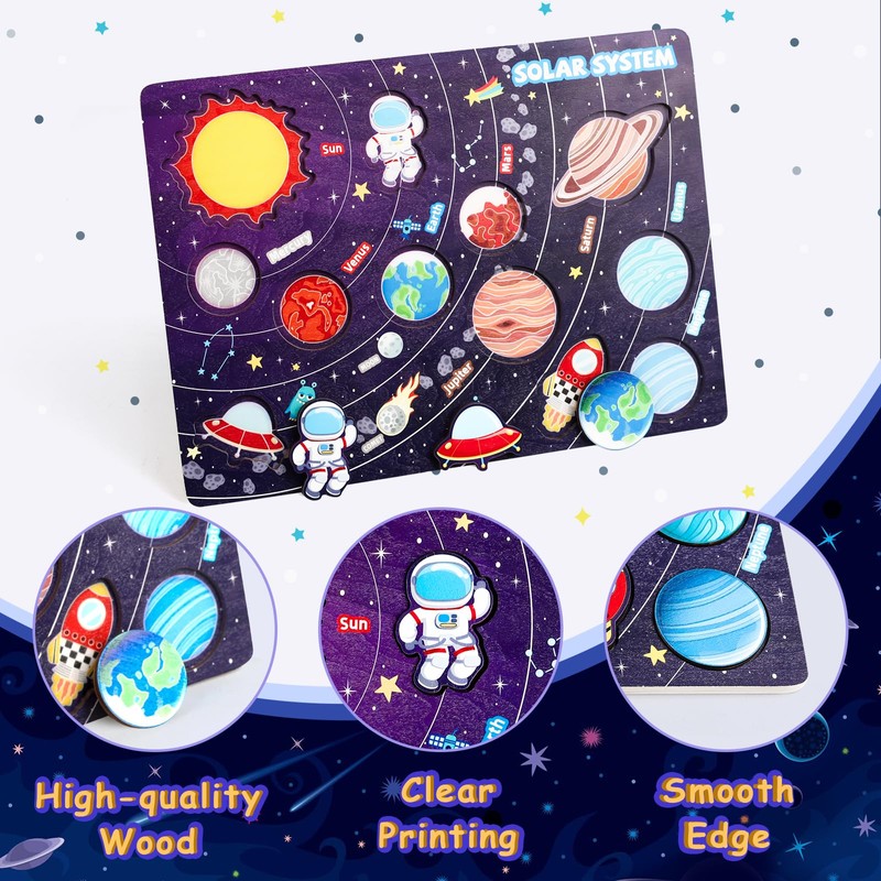 Wooden Solar System Puzzle for Kids, Montessori Toys Movable Planets