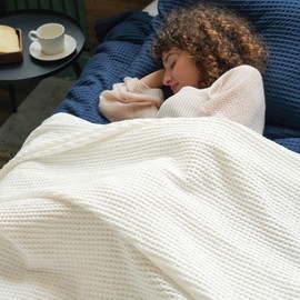 PHF 100% Cotton Waffle Weave Blanket Twin Size 66"x90"-Lightweight Washed Soft Breathable Blanket Perfect for Summer-Great Blanket Layer for Couch Bed Sofa -Elegant Home Decoration - Cream