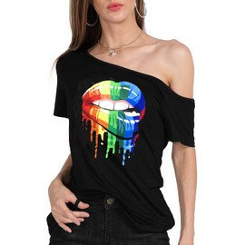 MAGICMK Women’s Short Lips Print Causal Off The Shoulder Plus Size T-Shirt Tops (Black+XXMOUTH, 2XL)