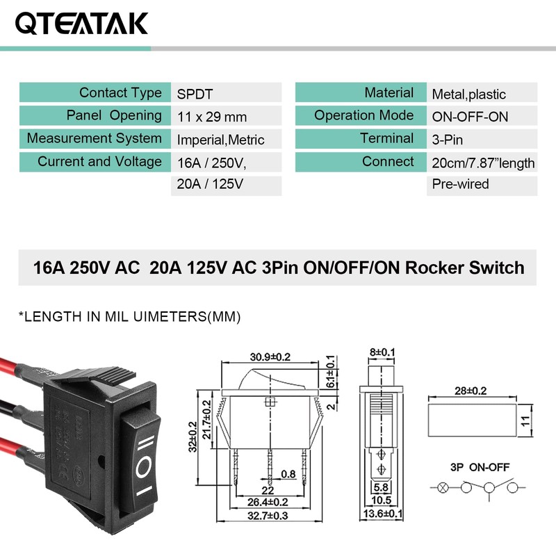 QTEATAK 5Pcs SPDT 3 Pins 3 Position Pre-Wired ON/Off/ON Toggle