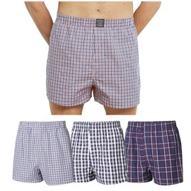 Romberg Men's Woven Boxer Shorts with Checked Pattern in American Style, Pack of 3 Made from Sustainable Organic Cotton (GOTS Certified), Blue/red checked.