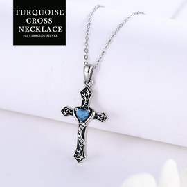 LTSTAND Vintage Turquoise Cross Necklace for Women, 925 Sterling Silver Western Jewelry Turquoise Pendant Engrave I Love You