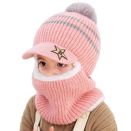 Uniyoung Baby Winter Warm Hat Scarf Toddler Girls Boys Ear Flaps Hood Balaclava Kids Fleece Lining Knit Pompom Beanie Hat with Visor Ski Snow Caps for 1-5 Years (Pink)
