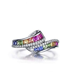 PikaLF Rainbow Ring for Women, Colorful Ring, Rainbow Baguette Band Ring, Rainbow CZ Wedding Ring for Women Lady Party Rings, Engagement Jewelry Gift for Women Girls (L1/2)