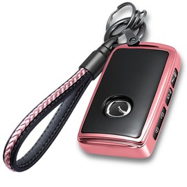 Lcyam Key Fob Cover Case with Leather Key Holder Keychain for Mazda 2024 2022 2023 3 6 CX-30 CX-5 CX-9(Rose Gold)
