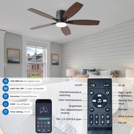 KNUN 51-inch Ceiling Fan with Light and Remote/App Control, Flush Mount Low Profile Ceiling Fan, Reversible DC Motor, Brown Modern Ceiling Fan with Light, Dimmable,Noiseless,for Bedroom Living Room