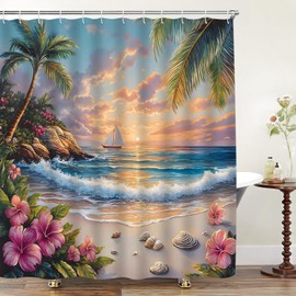 Beach Coastal Shower Curtain Tropical Palm Tree Floral Sunset Ocean Summer Hawaii Seaside Scenery Polyester Curtains Bathroom Decor with Hooks 70" Wx70 H