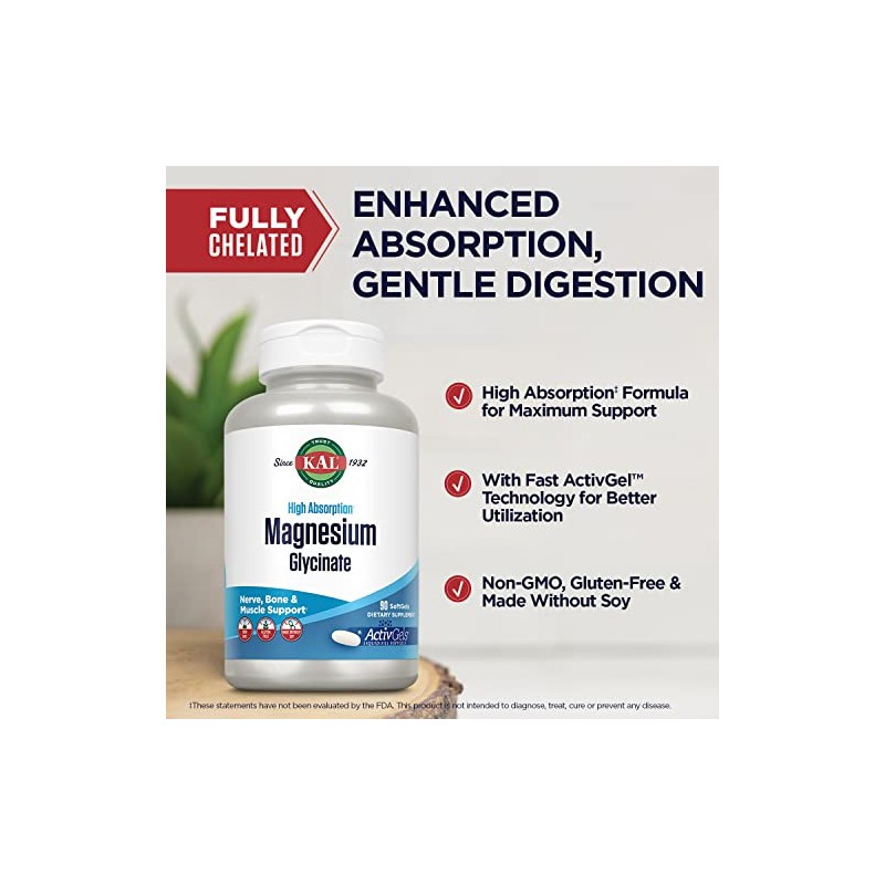KAL- “Magnesio Glicinato ActivGels 315mg, Suplemento de Magnesio de Alta