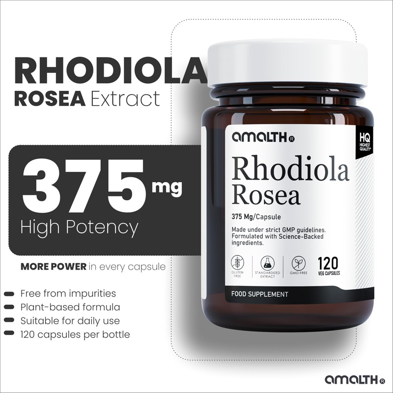 Amalth Rhodiola Rosea Capsules 375mg per Capsule | Standardised 3%