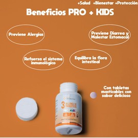 Pro + Kids Probióticos para Niños en tabletas 3 Billones UFC | 10 Cepas Probióticas con Vitaminas C y D | 30 Tabletas Masticables Sabor Fresa | Vegana