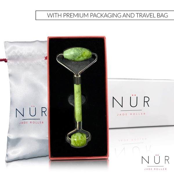 Real Jade Roller Face Massager by NÜR | 100% Natural, Premium Anti-Aging Slimming Massage to Boost Circulation, Detoxify, Straighten Skin & Reduce Puffiness |Face & Neck Roller Tool & BONUS Travel Bag