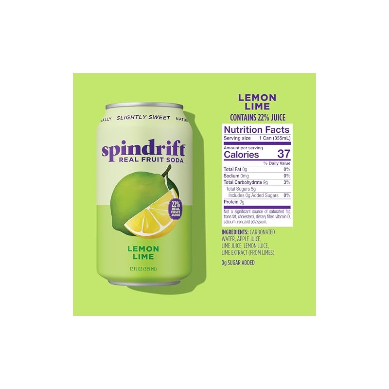 Spindrift "Lemon Lime" Soda, Made with Real Squeezed Fruit, Pack