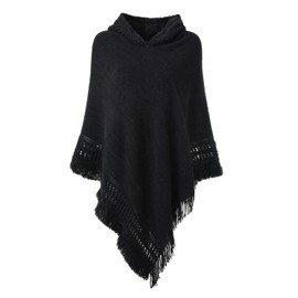 Ferand Ferand Ladies Hooded Poncho with Fringed Hem Crochet Cape for Autumn Winter 2023, One Size, Black