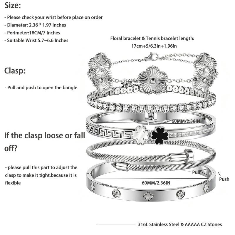 Camhanno Silver Bangle Bracelets for Women - Stainless Steel Stackable