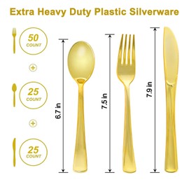 100PCS Gold Plastic Silverware Heavy Duty Plastic Cutlery Set Gold Silverware Disposable Includes 50 Forks 25 Spoons 25 Knives For Party Wedding Birthdays Entertaining Guests And Daily Use