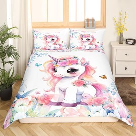 Feelyou Cute Unicorn Bedding Set Twin Size Kids Cartoon Dreamy Horse Comforter Cover Set for Boys Girls Teens Flower Floral Print Duvet Cover Farm Zoo Garden Theme Bedspread Cover (No Comforter)