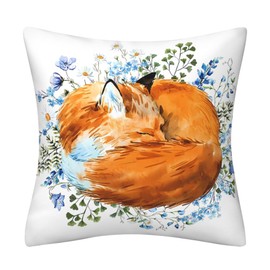 Cushion Covers 45 x 45 cm, Sleeping Fox Flowers Gifts Double-Sided Cute Animal Orange Blue Square Decorative Pillows Covers for Sofa Livingroom Garden Bed Home Decor Cushion Cover 18 x 18 inch