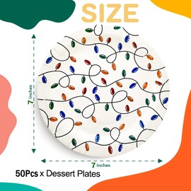 HSPAIDYP 50Pcs Christmas Lights Paper Plates Christmas Party Supplies 7" Colorful Light Bulb Party Plates New Year Small Dessert Plates for Holiday Winter Xmas Party Decoration