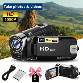 A Camera with A 270 ° Rotating LED Flip Screen, Equipped with A 32GB Memory Card 16x Digital Zoom Camcorder, 1080P, 2. 4-inch Screen Display, New High-definition Wide-angle Camera, Black - Colour: 2025 New Black