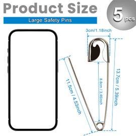 HAPYSHOOP 5 Pieces Large Safety Pins 5 Inch Metal Jumbo Safety Pin Silver Heavy Duty Safety Pins for Laundry, Blanket, Key Rings, Outdoor