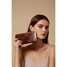 MUDUO Vintage embossed women's zipper purse Stylish and elegant leather carved clutch bag for holding cards and mobile phone. (Brown)