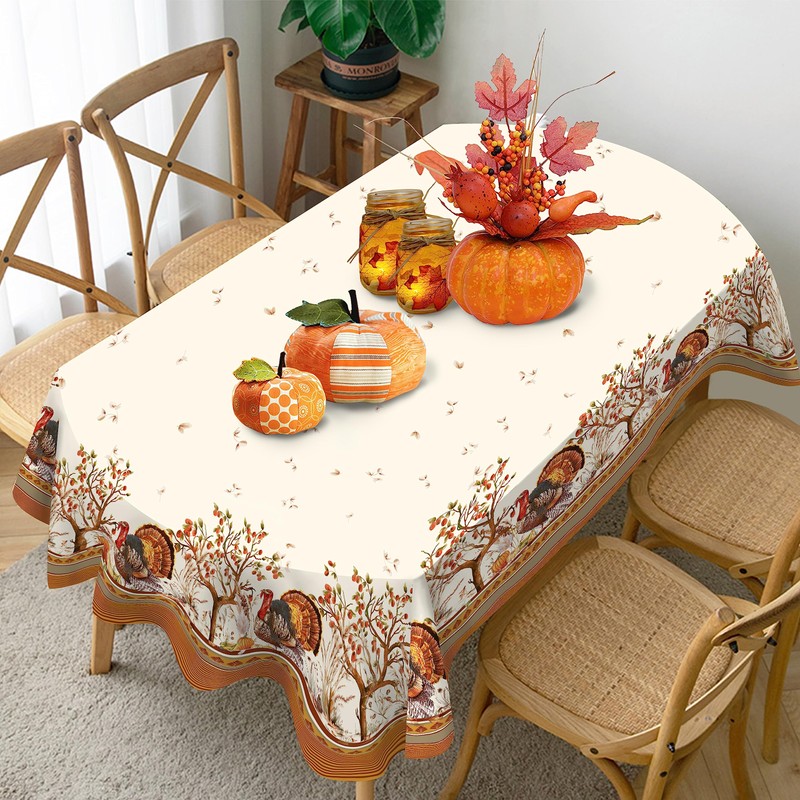 Virtumob Fall Thanksgiving Double Border Decoration Tablecloth, Turkey & Pumpkin