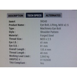 LAWSON FIXED LIFTING EYE BOLT: WITH SHOULDER, 6,305 LB CAPACITY, M20 X 2.50 THREAD USA*