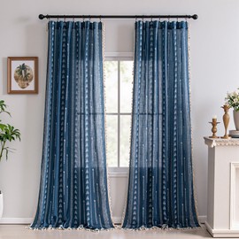 MEETSKY Boho Navy Blue Curtains 84 inch Length - Floral Patterned Linen Blend Light Filtering Farmhouse Curtains for Living Room with Tassels Back Tab, 50" Wide Each Panel, 2 Panels