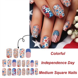 Independence Day Press on Nails Colorful Flower Glue on Nails 4th of July Acrylic Nails Medium Square False Nails Matte USA Flag Fake Nails for Women Girls