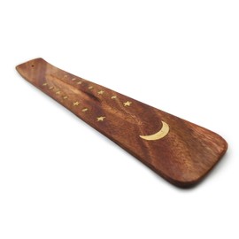 Moon and Stars Incense Holder - Wooden Ash Catcher with Celestial Design for Single Incense Sticks - Meditation Accessories, Spiritual Decor, Home Fragrance, Room Decor (10 Inches Long)