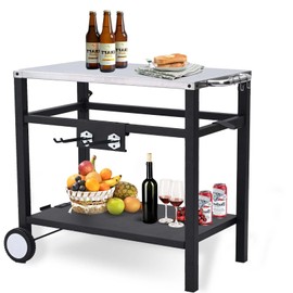 Dining Cart Table with Double-Shelf, Movable Stainless Steel Flattop Worktable, Hooks, Side Handle, Multifunctional for Bar, Patio, Camping, Home