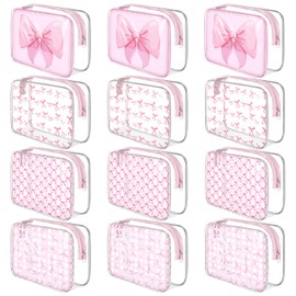 Sunnymove 12 Pcs Clear Pink Bow Makeup Bags Bulk for Women PVC Coquette Cosmetic Bag with Zipper Travel Toiletry Pouch Pink Bow Team Gifts for Birthday Coquette Party Favor Storage Accessories