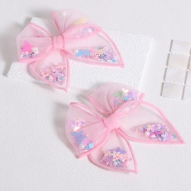 Floral Butterfly Fairy Hair Bow Clips 4" for Girls Women, 2pc Pink Mesh Tulle Shaker Fable Bow Alligator Hairpins, Spring Summer Birthday Wedding Party Dress Accessory Gift