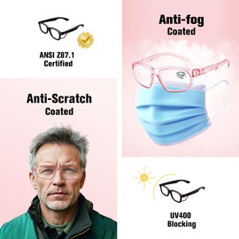ProtectX Stylish Anti-Fog & Scratch-Resistant Safety Glasses With Readers, UV Protection Goggles, Anti-Impact Lightweight Glasses for Men＆Women Pink Reading Full Lens 1.5